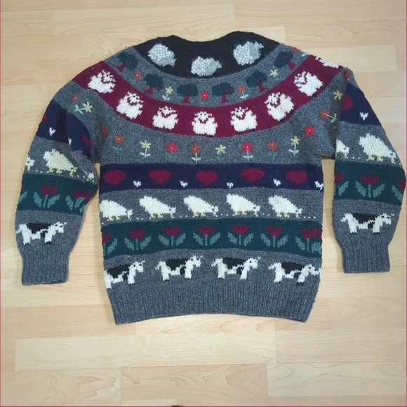 Vintage Deans of Scotland Shetland Wool Sweater Farm Animals Sheep Cows Hearts - Picture 2 of 9